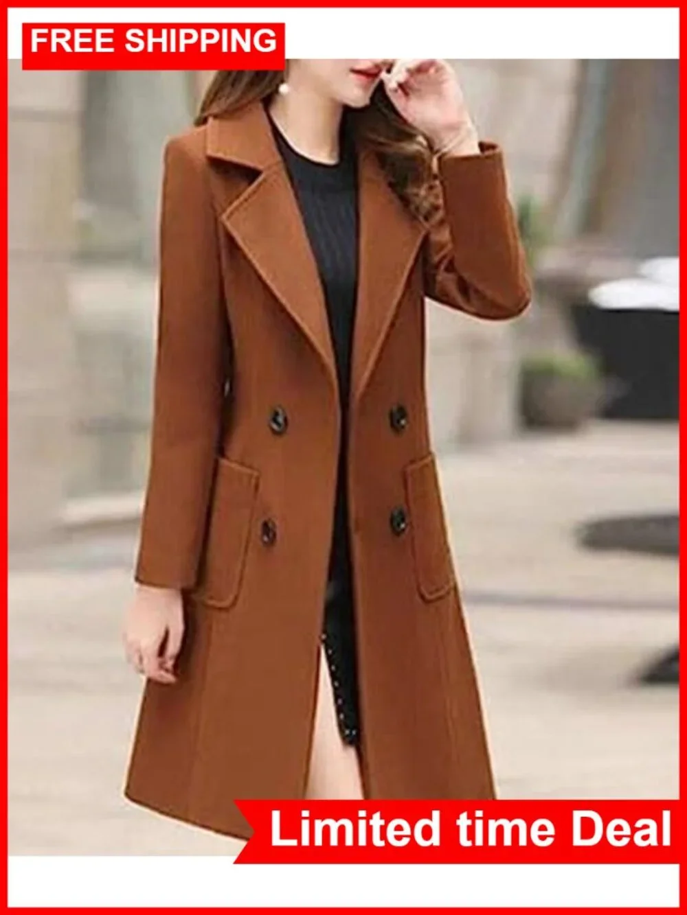 Women's Wool Blend Pea Coat Double Breasted Notch Lapel Knee Length Overcoat